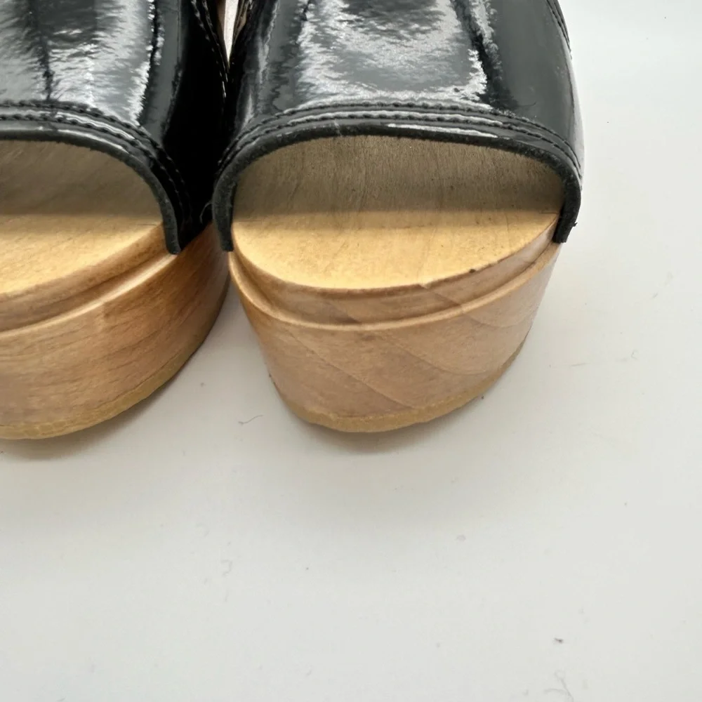 No. 6 Black Patent Leather Platform Clogs with Wood Sole - Picture 5 of 11